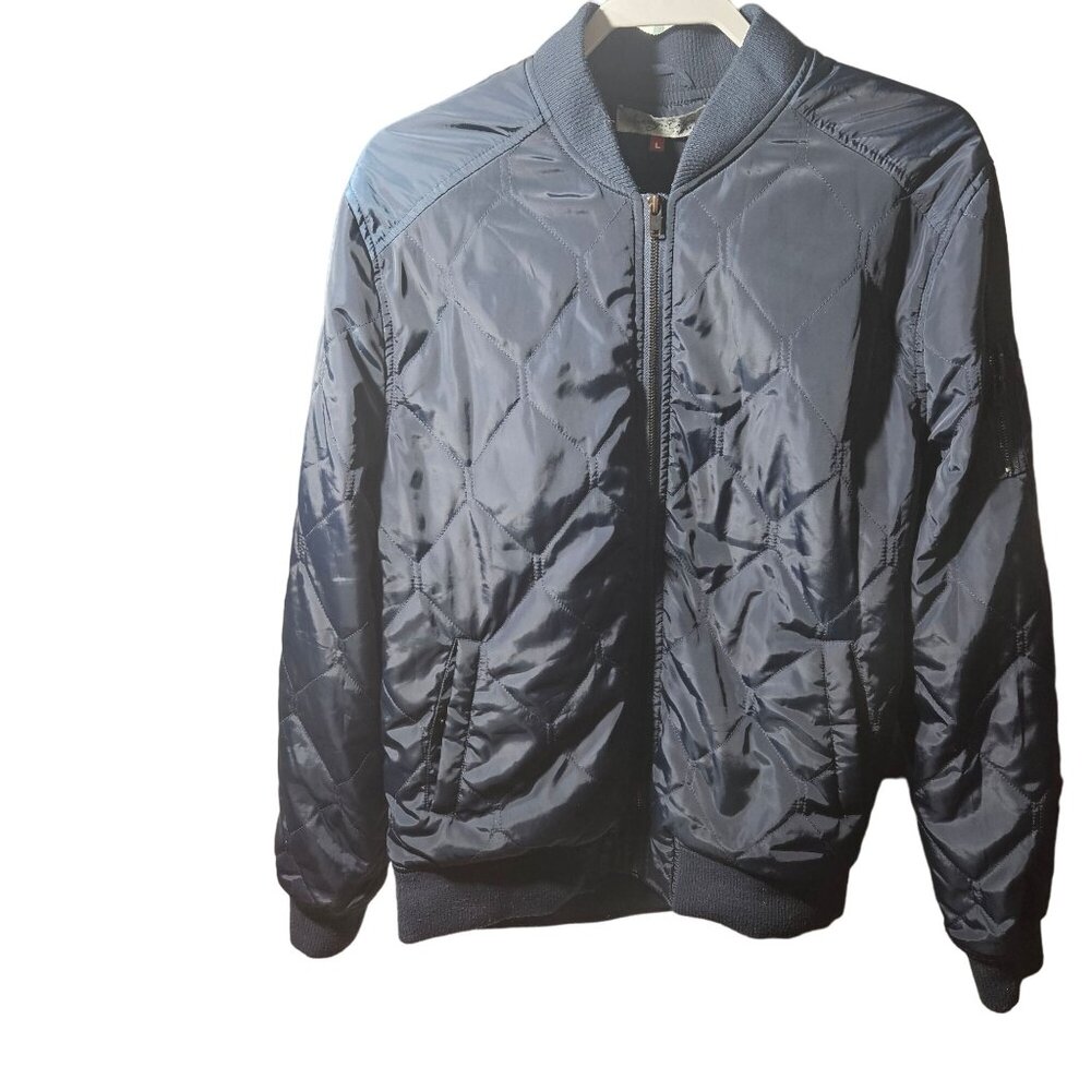 Sovereign Code Mens Quilted Bomber Jacket Large Navy Blue Zip Pocket Nylon & Pol